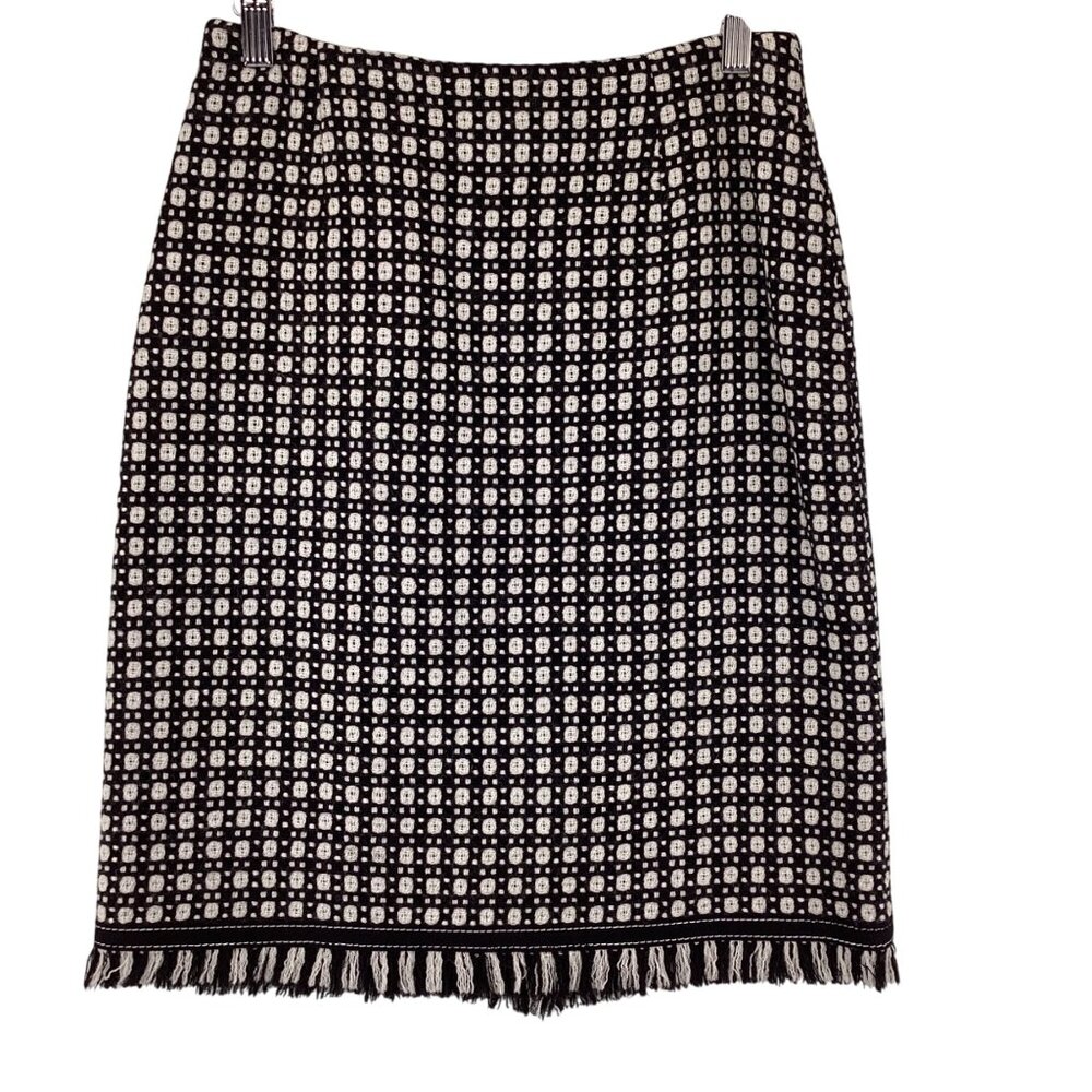 Harolds Womens‎ Skirt Size 2 Wool Pencil Black & White Geometric Fringe Hem